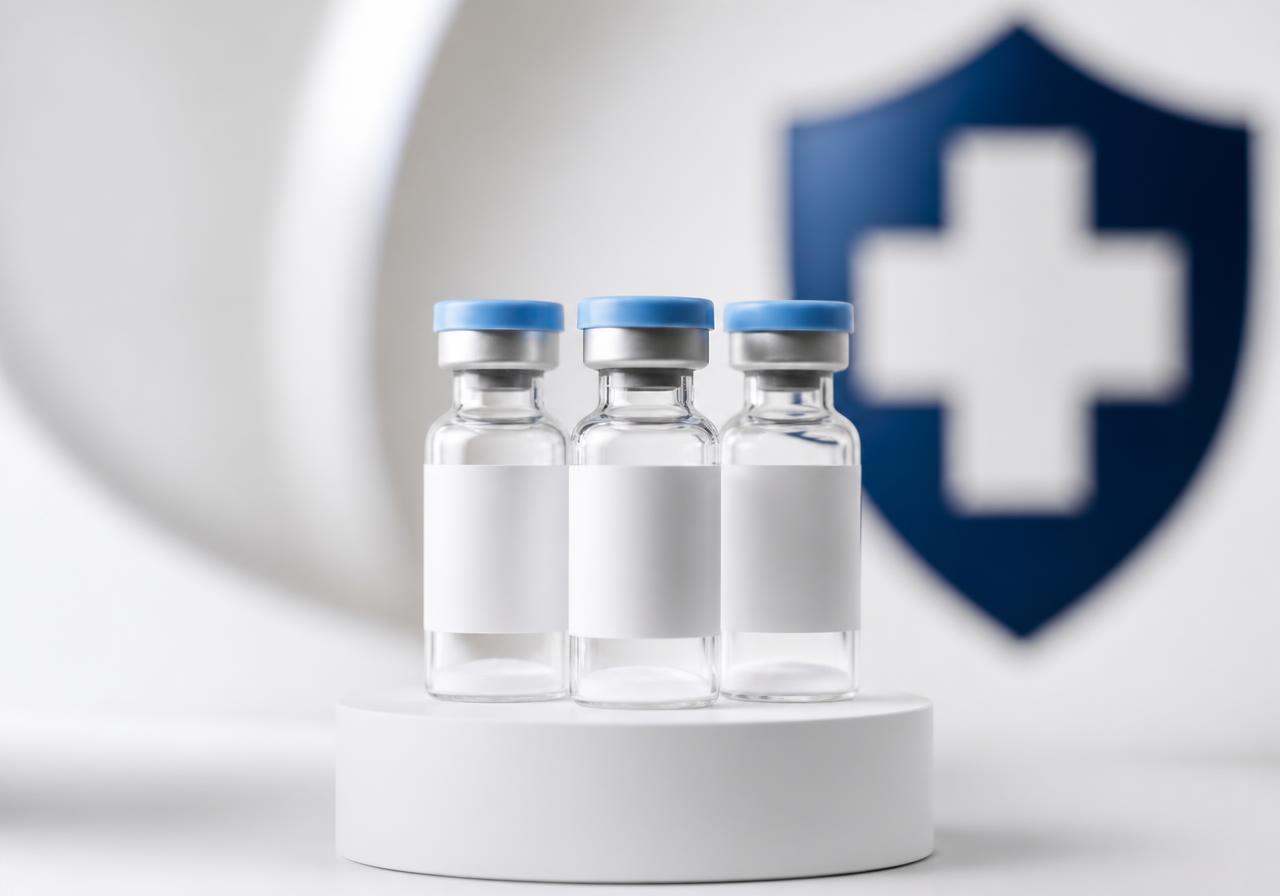 Cascadia Labs peptide vials presented beside the brand shield emblem